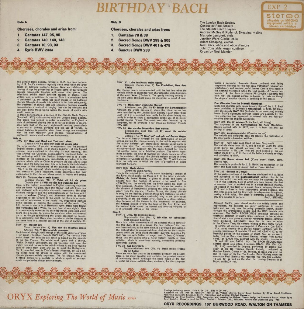 Johann Sebastian Bach Birthday Bach UK vinyl LP album (LP record)