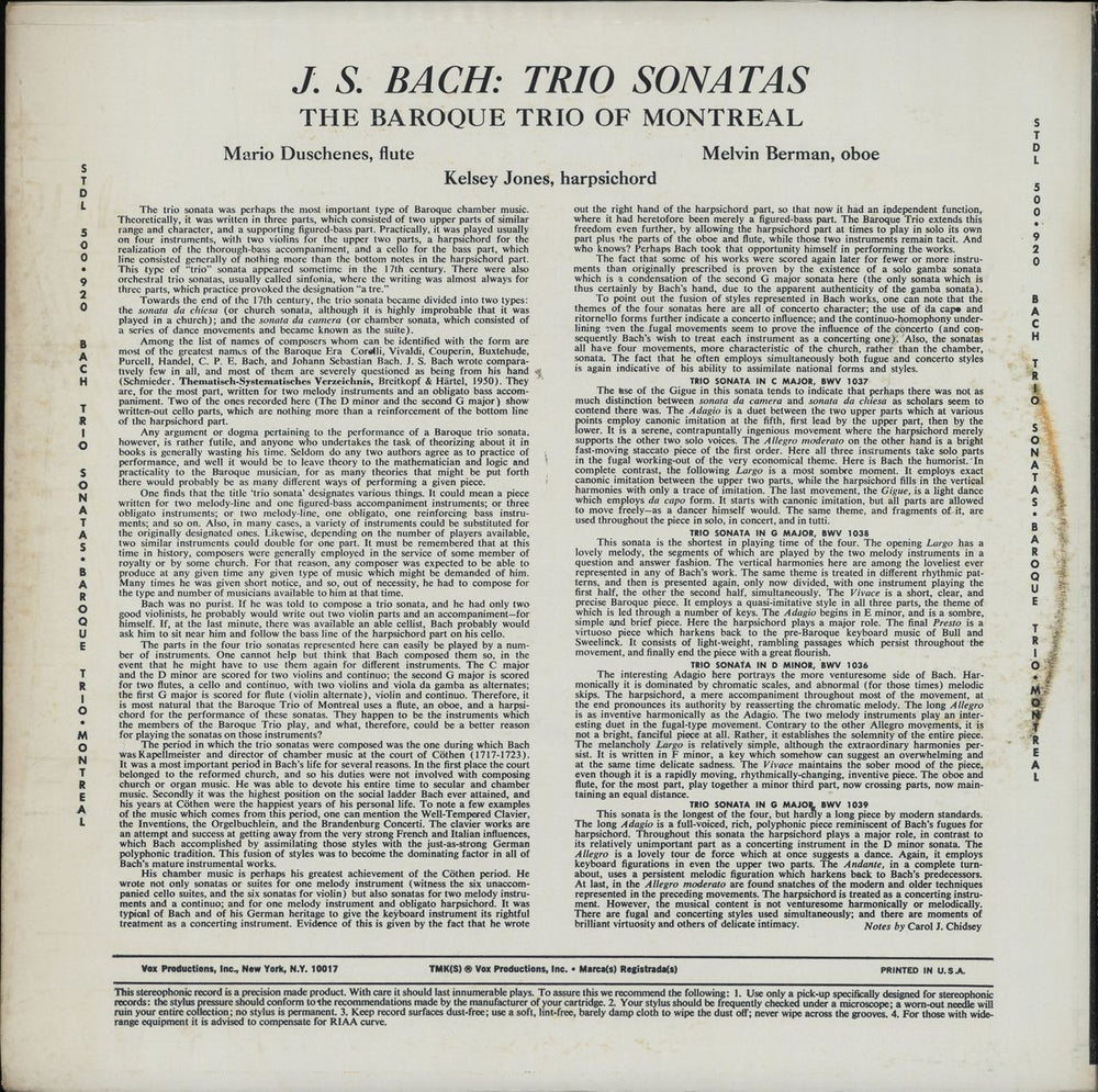 Johann Sebastian Bach Trio Sonatas US vinyl LP album (LP record)