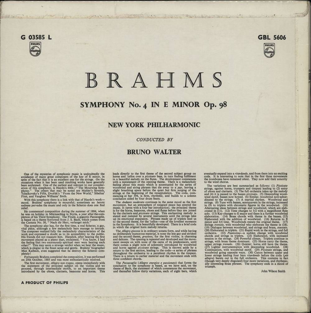 Johannes Brahms Brahms: Symphony No. 4 in E Minor UK vinyl LP album (LP record)