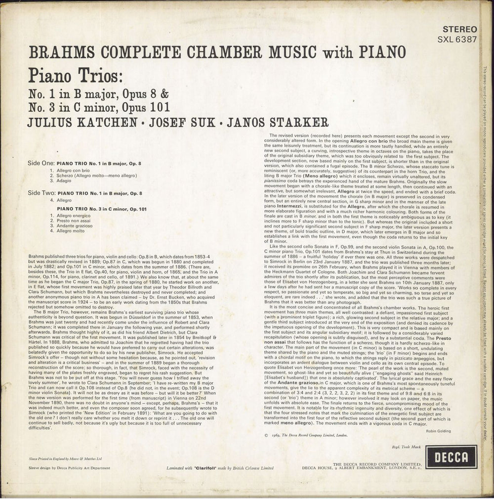 Johannes Brahms Complete Chamber Music With Piano UK vinyl LP album (LP record)