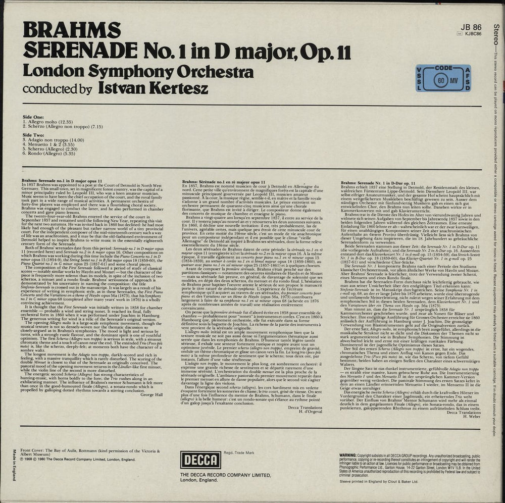 Johannes Brahms Serenade No. 1 In D Major, Op. 11 UK vinyl LP album (LP record)