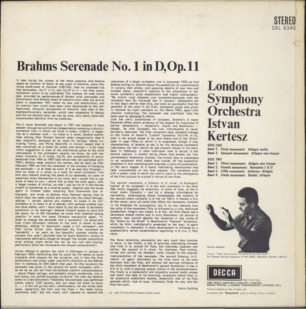 Johannes Brahms Serenade No. 1 In D, Op. 11 UK vinyl LP album (LP record)