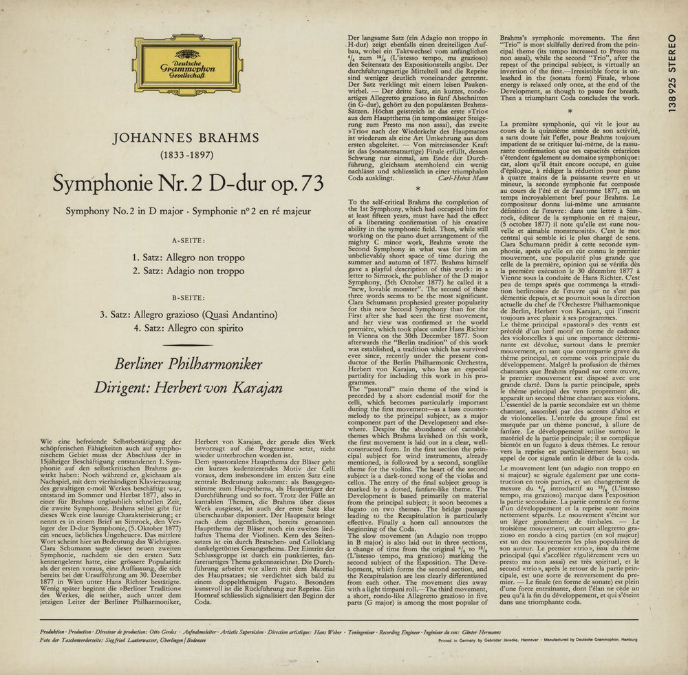 Johannes Brahms Symphonie Nr. 2 German vinyl LP album (LP record)