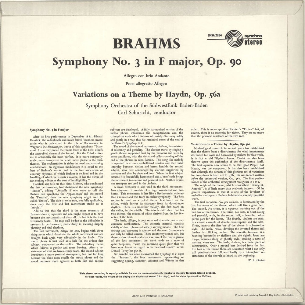 Johannes Brahms Symphony No. 3 in F Major, Op.90 / Variations On A Theme By Haydn, Op.56a UK vinyl LP album (LP record)
