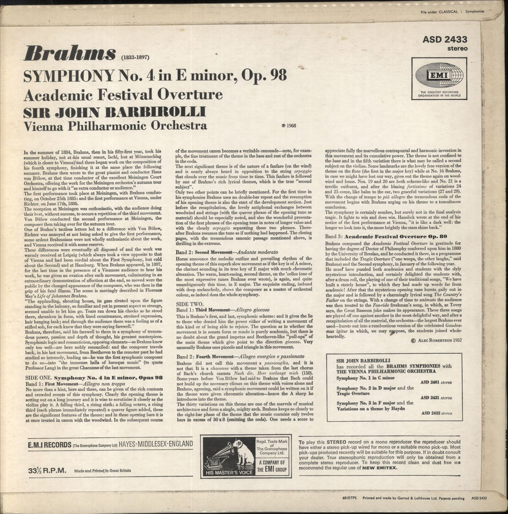 Johannes Brahms Symphony No.4 / Academic Festival Overture UK vinyl LP album (LP record)