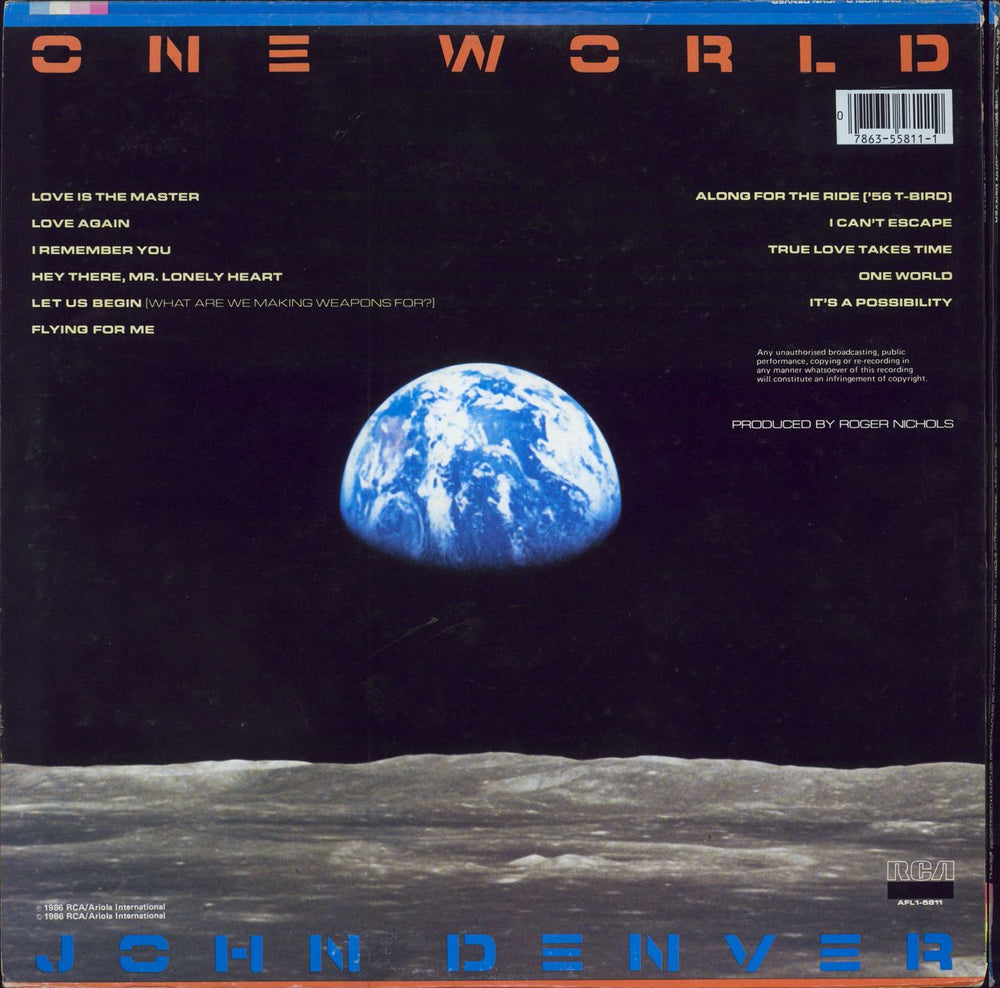 John Denver One World US vinyl LP album (LP record) 07863558111