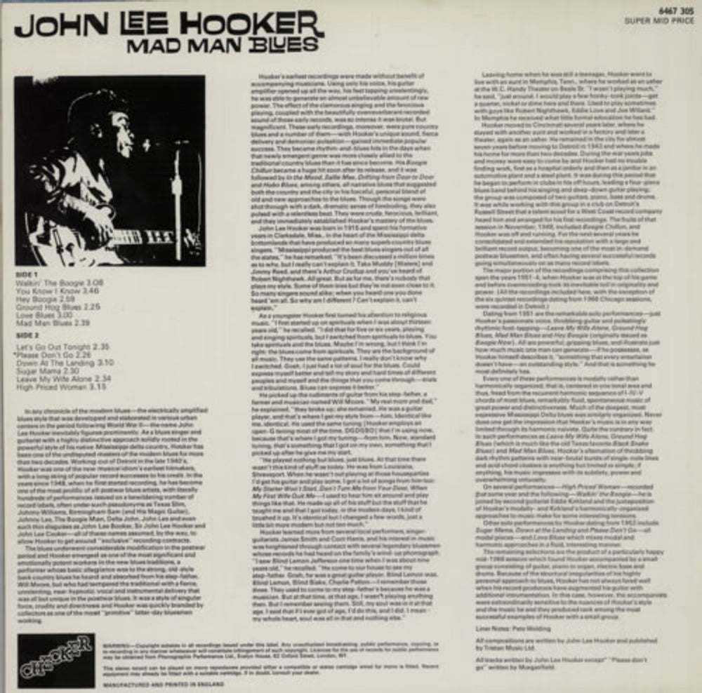 John Lee Hooker Mad Man Blues UK vinyl LP album (LP record) JLHLPMA591007