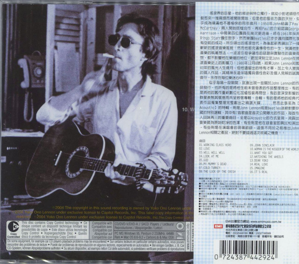 John Lennon Acoustic Taiwanese CD album (CDLP) 724387442924