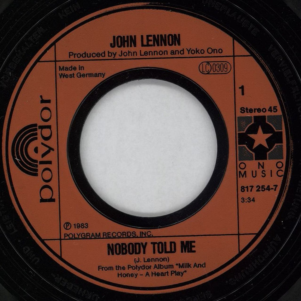 John Lennon Nobody Told Me German 7" vinyl single (7 inch record / 45) LEN07NO110826