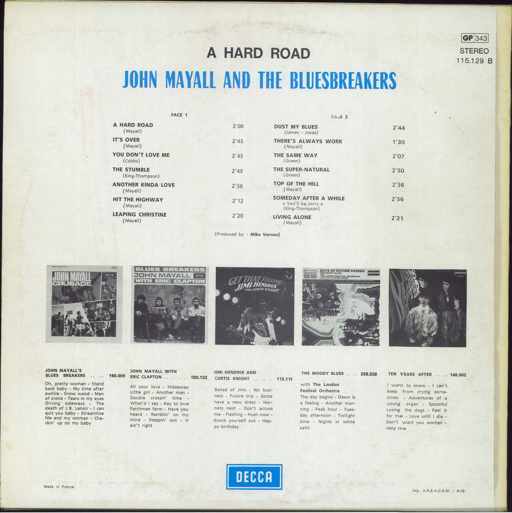 John Mayall A Hard Road French vinyl LP album (LP record)