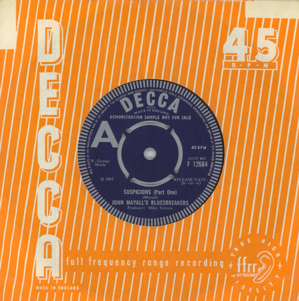 John Mayall Suspicions - A Label Demo UK Promo 7" vinyl single (7 inch record / 45) F12684