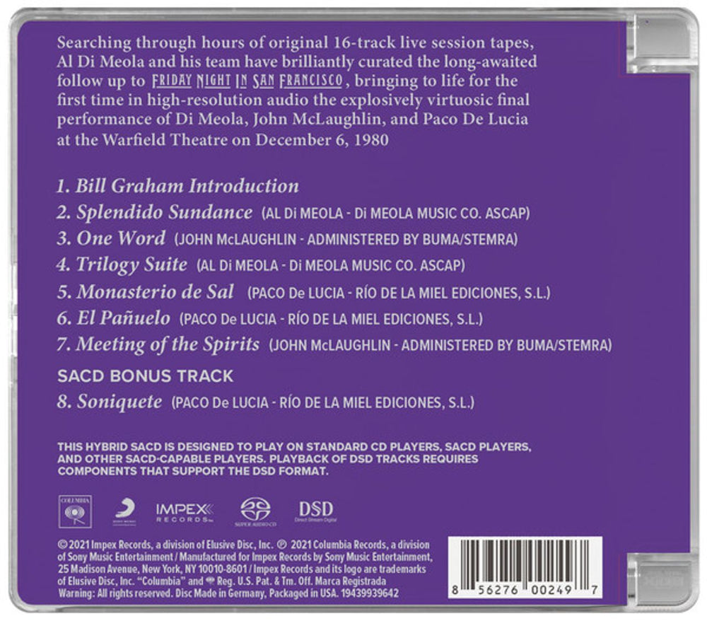 John McLaughlin, Al DiMeola & Paco De Lucia Saturday Night In San Francisco Live 12-6-80 - Super Audio CD - Sealed US super audio CD SACD LDMSASA797712