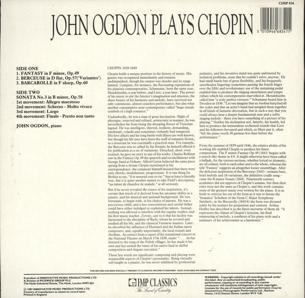 John Ogdon John Ogdon plays Chopin UK vinyl LP album (LP record)