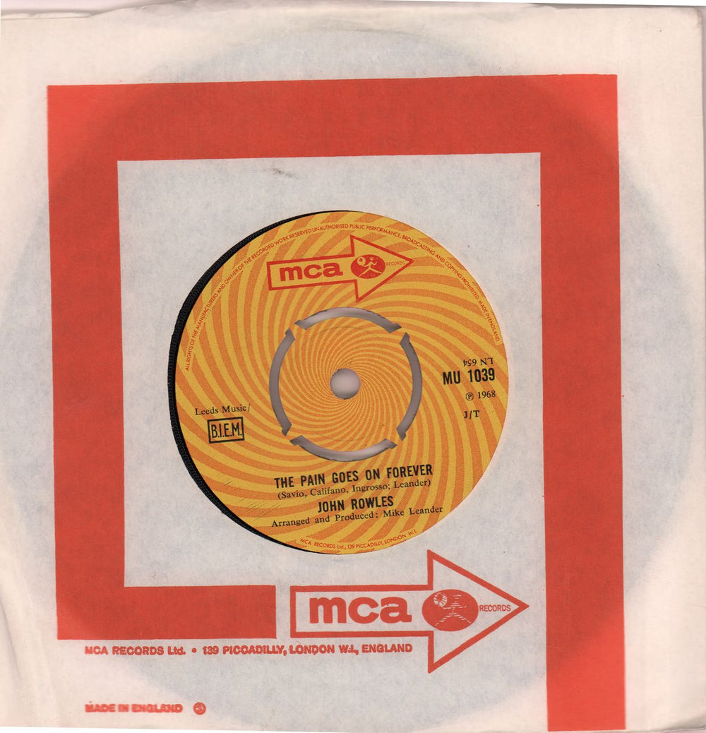 John Rowles The Pain Goes On Forever UK 7" vinyl single (7 inch record / 45) MU1039