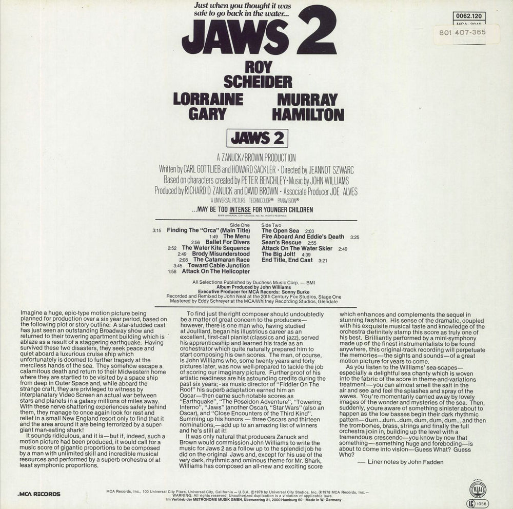 John Williams (Composer) Jaws 2 German vinyl LP album (LP record)