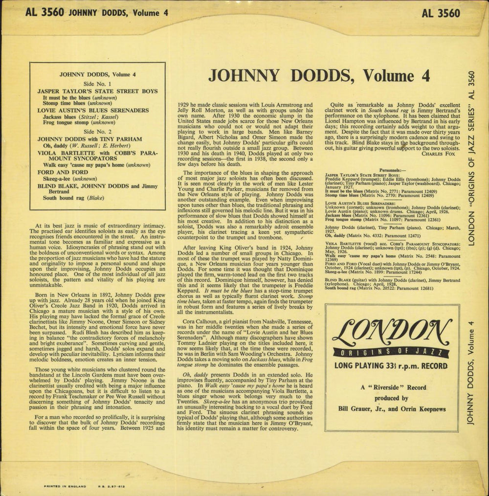 Johnny Dodds Johnny Dodds Volume 4 UK 10" vinyl single (10 inch record)