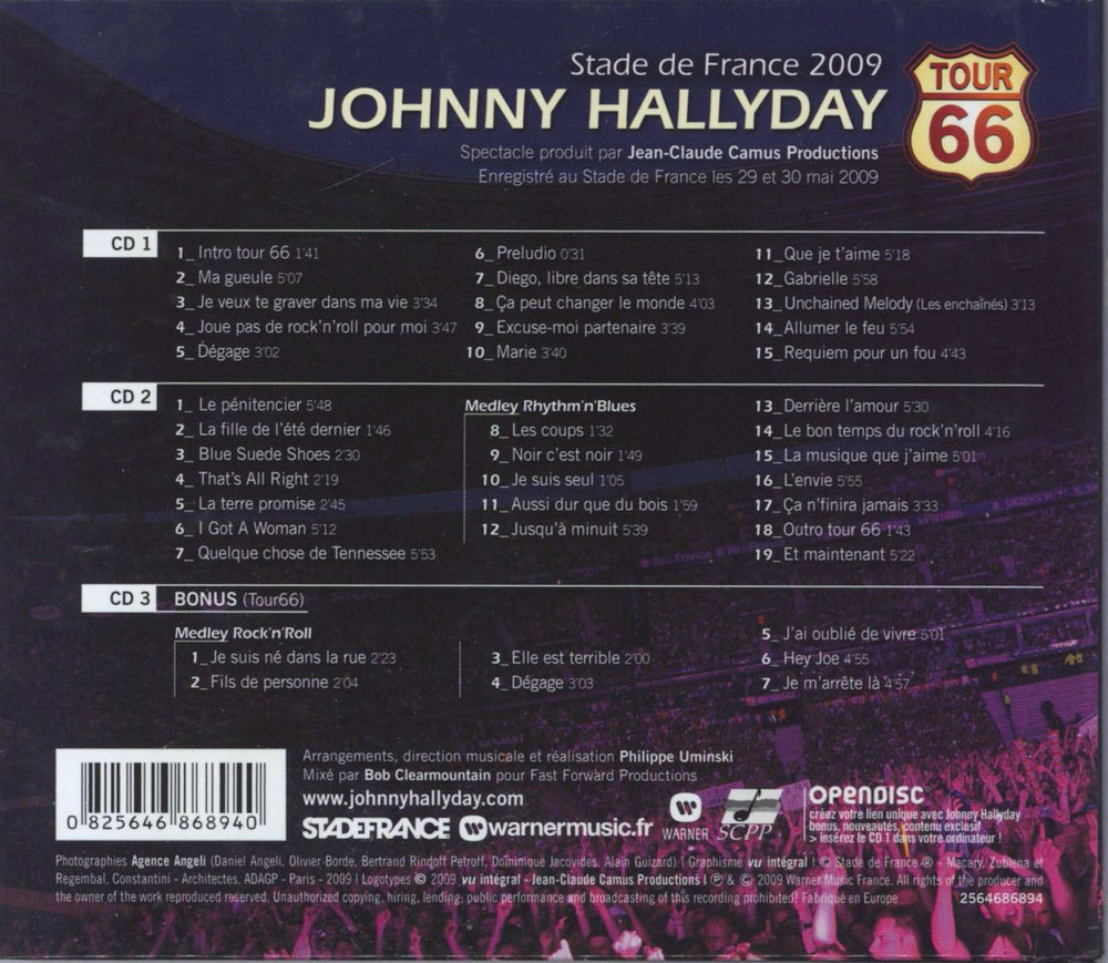 Johnny Hallyday Stade De France 2009 - Tour 66 French 3-CD album set (Triple CD) JHD3CST818485