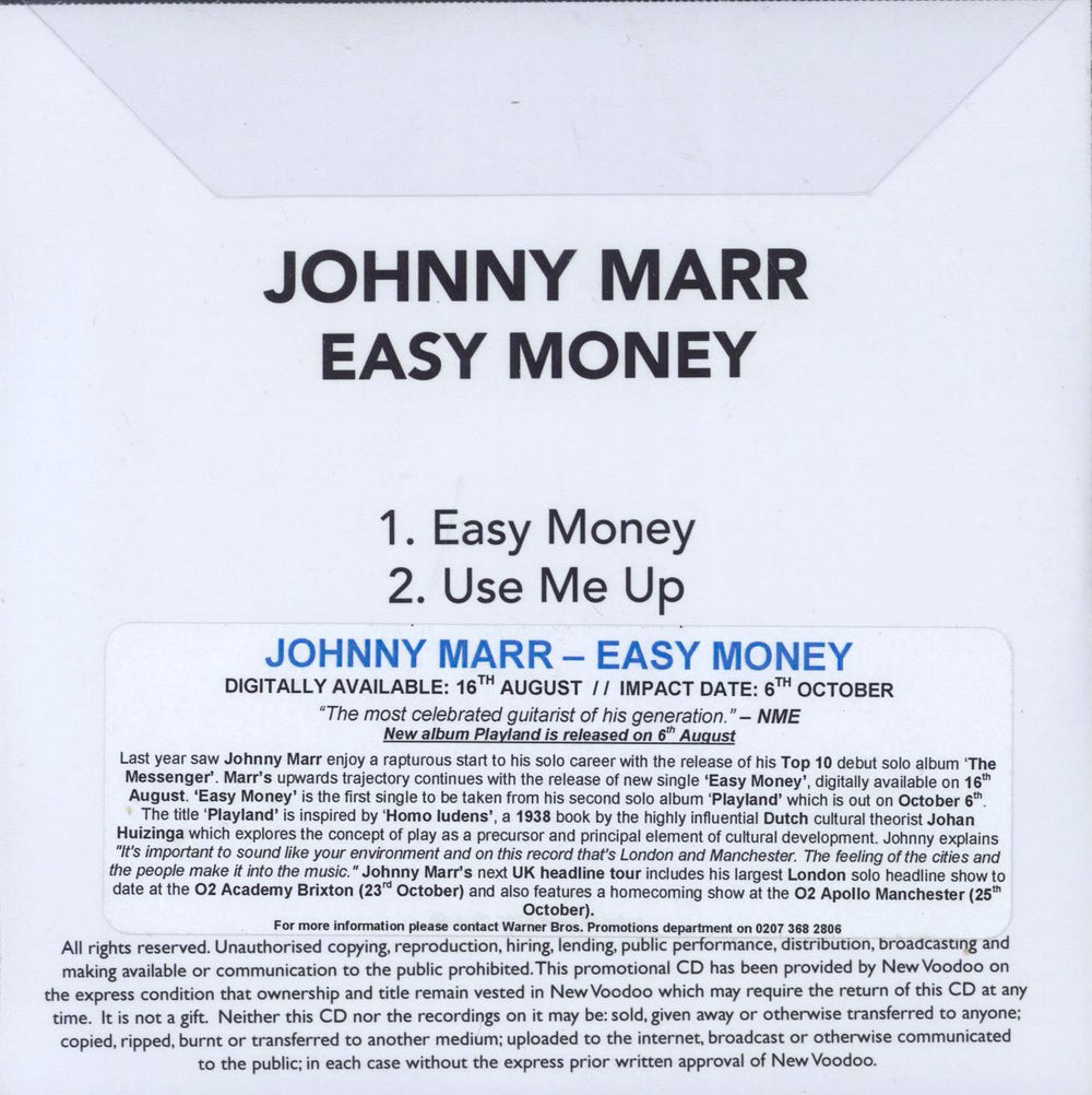 Johnny Marr Easy Money UK Promo CD-R acetate