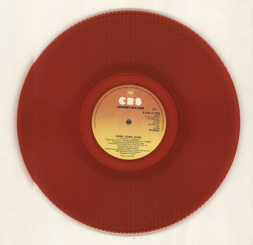 Johnny Mathis Gone, Gone, Gone - Red Vinyl UK 12" vinyl single (12 inch record / Maxi-single) SCBS127730