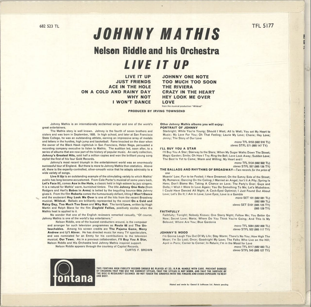 Johnny Mathis Live It Up! UK vinyl LP album (LP record)