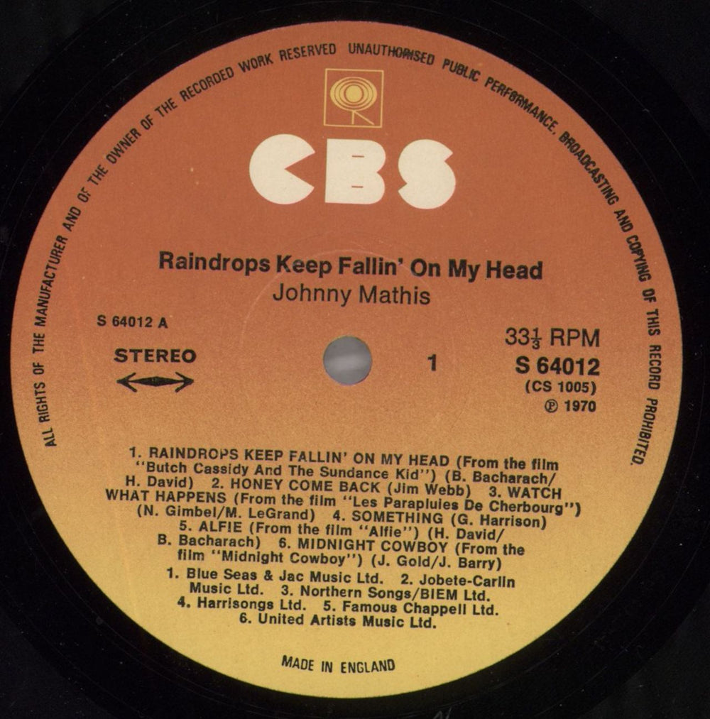 Johnny Mathis Raindrops Keep Fallin' On My Head UK vinyl LP album (LP record) J-MLPRA823057