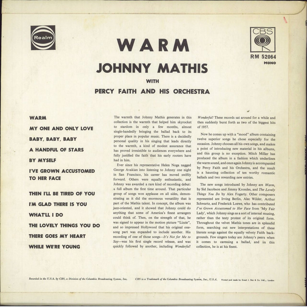 Johnny Mathis Warm UK vinyl LP album (LP record)