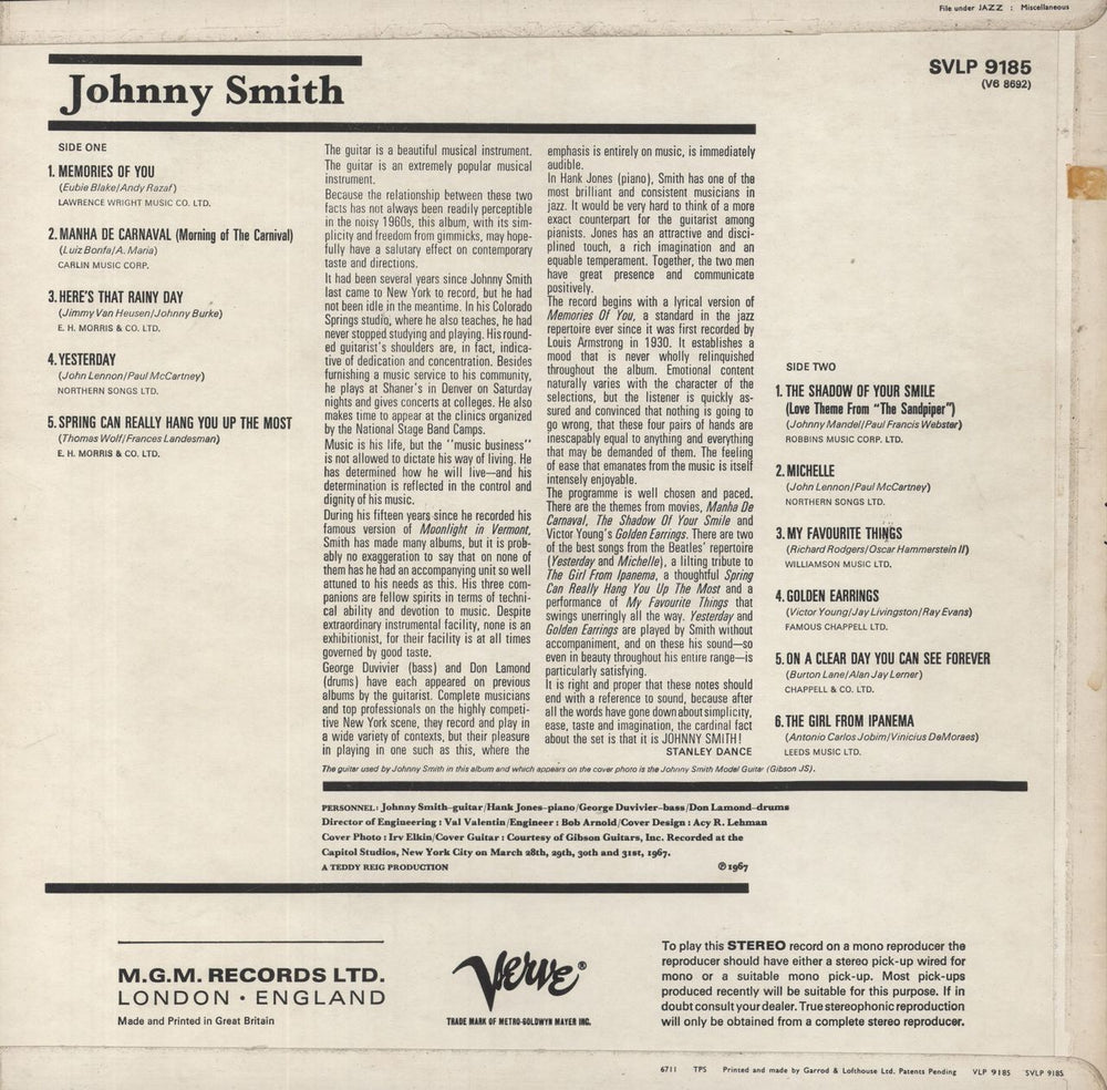 Johnny Smith Johnny Smith UK vinyl LP album (LP record)