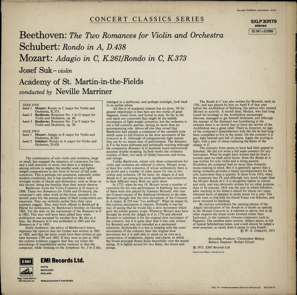 Josef Suk (1929-2011) Beethoven: Romances 1 & 2 / Mozart: Adagio In E & Rondo In C / Schubert: Rondo In A UK vinyl LP album (LP record)