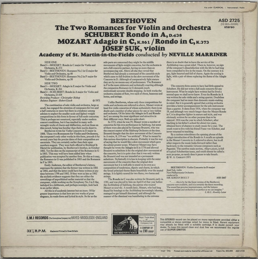 Josef Suk (1929-2011) Beethoven: The Two Romances for Violin & Orch. / Schubert: Rondo in A / Mozart: Adagio & Rondo in C UK vinyl LP album (LP record) JVOLPBE660038