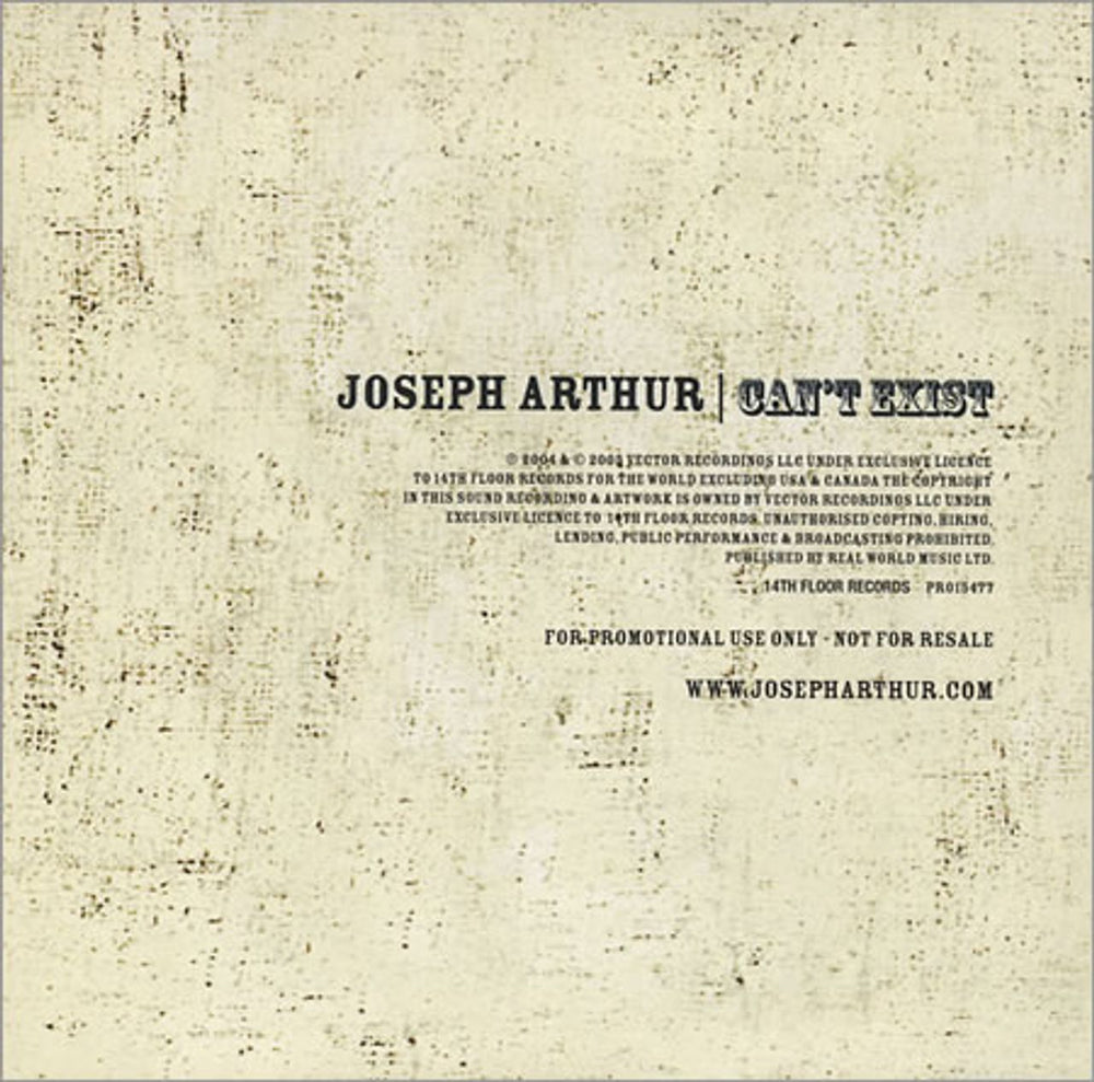 Joseph Arthur Can't Exist UK Promo CD single (CD5 / 5") -JAC5CA395035