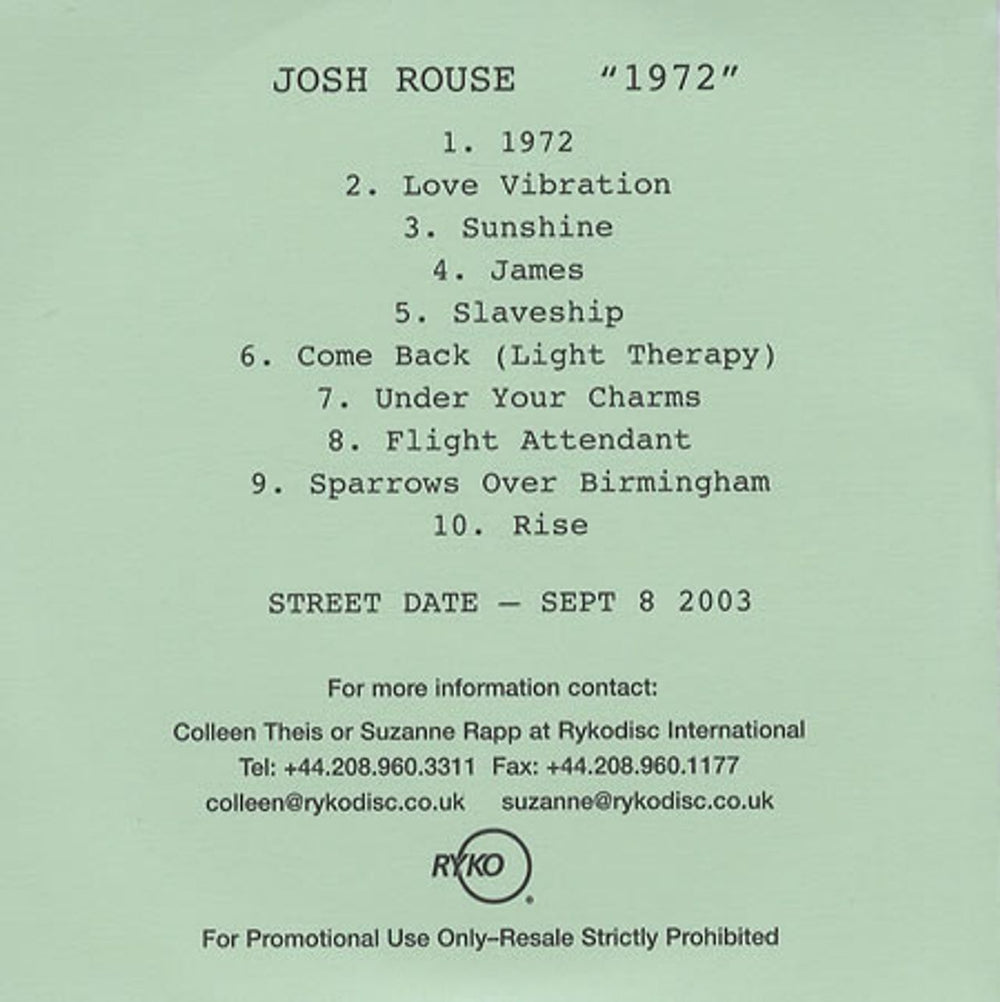 Josh Rouse 1972 - Nineteen Seventy Two UK Promo CD album (CDLP) RCD10641