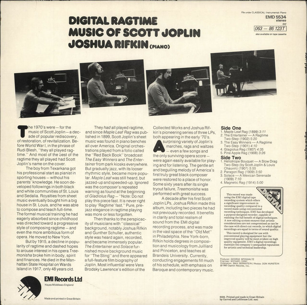 Joshua Rifkin Digital Ragtime - Music Of Scott Joplin UK vinyl LP album (LP record)