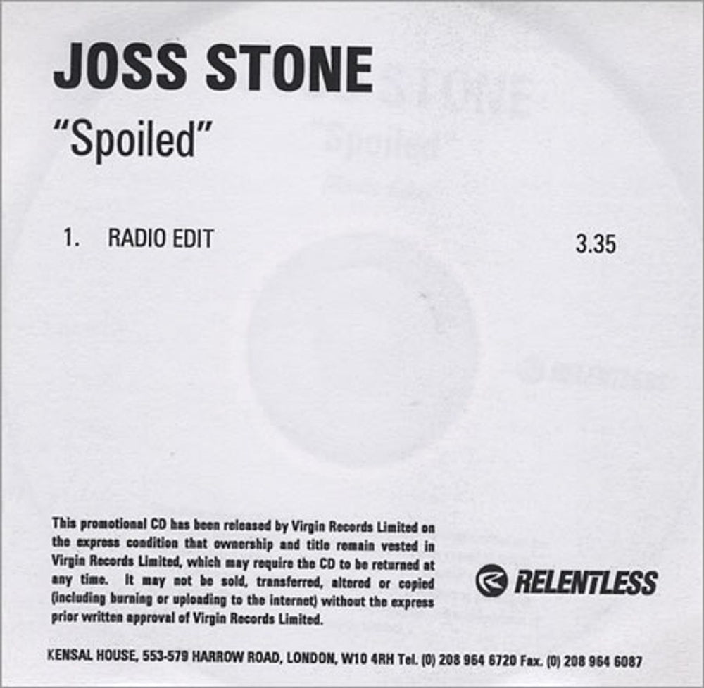 Joss Stone Spolied UK Promo CD-R acetate CD ACETATE