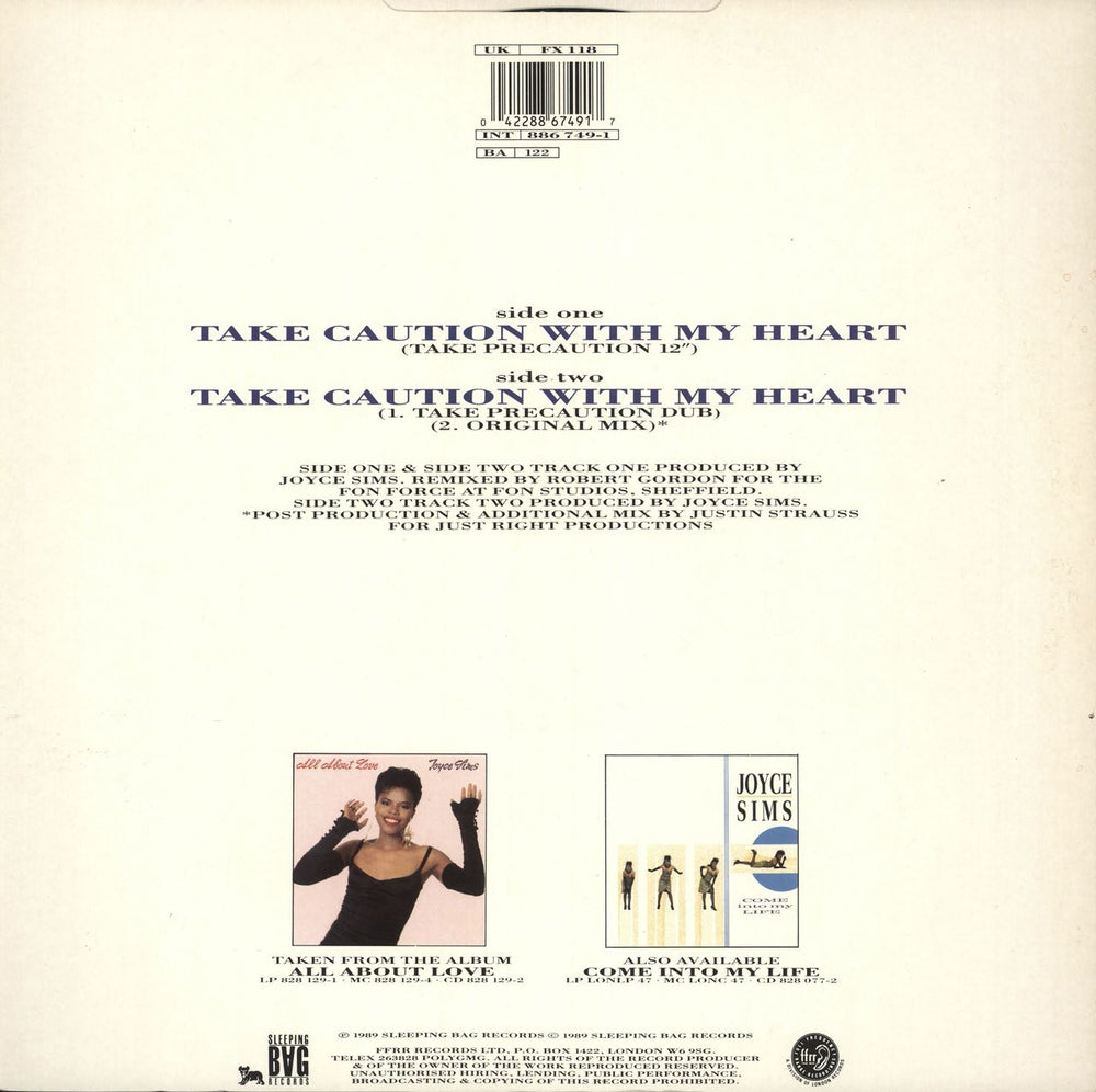 Joyce Sims Take Caution With My Heart UK 12" vinyl single (12 inch record / Maxi-single) 042288674917