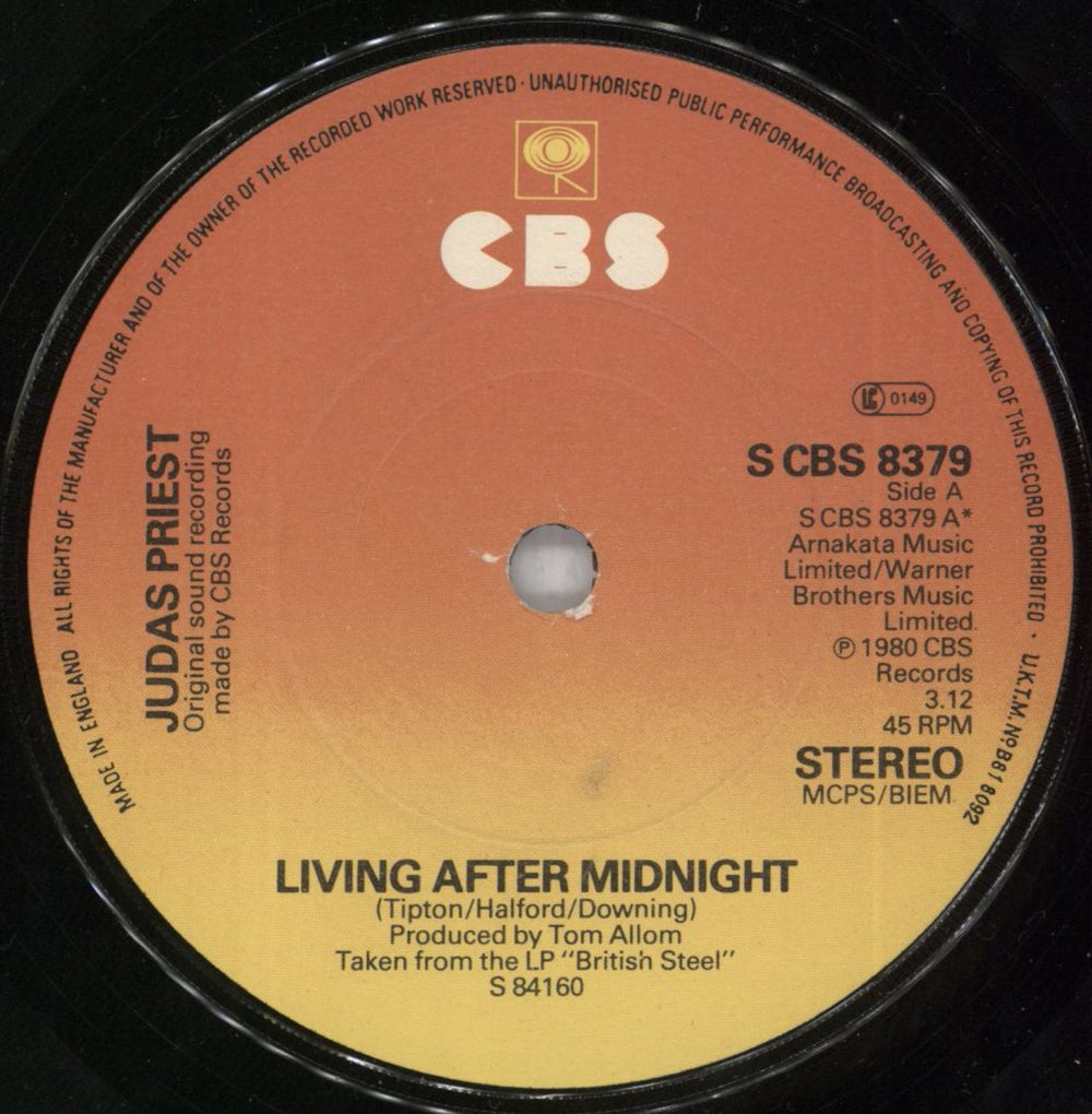 Judas Priest Living After Midnight UK 7" vinyl single (7 inch record / 45) SCBS8379