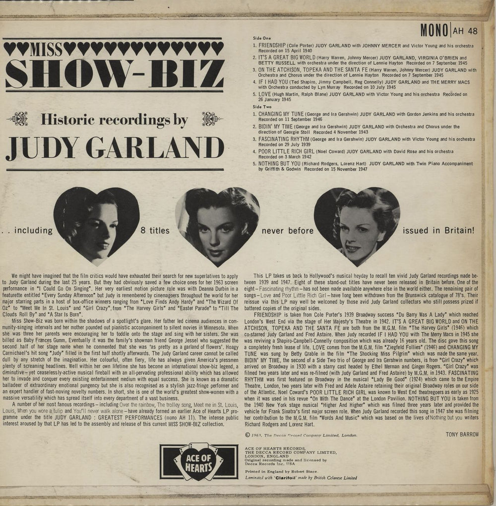 Judy Garland Miss Show-Biz UK vinyl LP album (LP record)