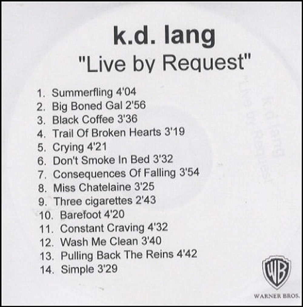 K.D. Lang Live By Request UK Promo CD-R acetate CD ACETATE