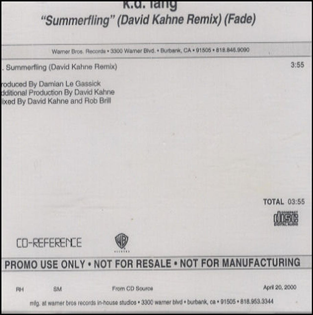 K.D. Lang Summerfling - David Kahne Remix Fade US Promo CD-R acetate CD ACETATE