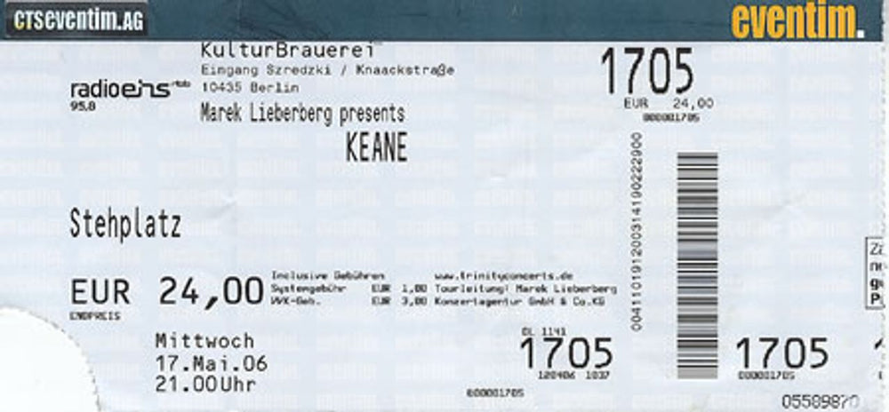 Keane (00s) KulturBrauerei, Berlin UK concert ticket USED CONCERT TICKET