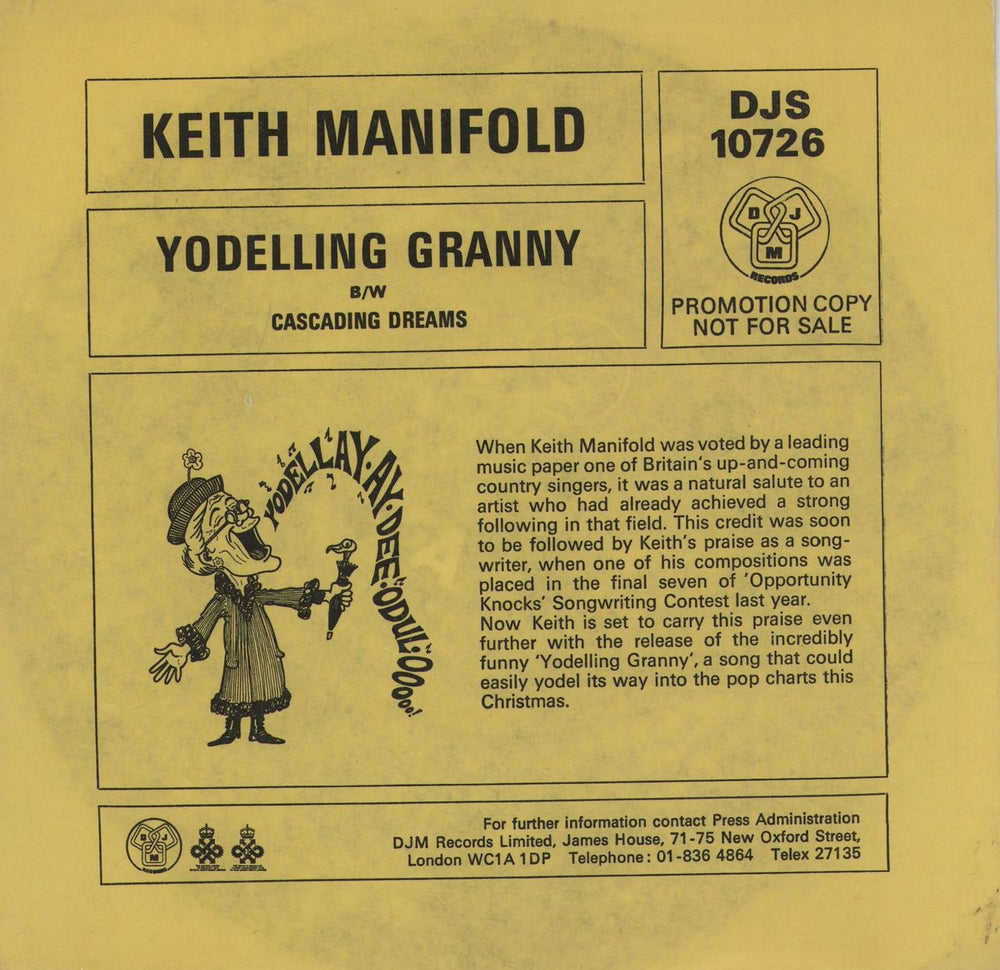 Keith Manifold Yodelling Granny - A Label UK Promo 7" vinyl single (7 inch record / 45) DJS10726