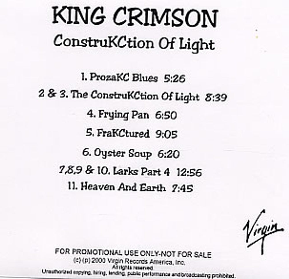 King Crimson ConstruKCtion Of Light US Promo CD-R acetate CD ACETATE