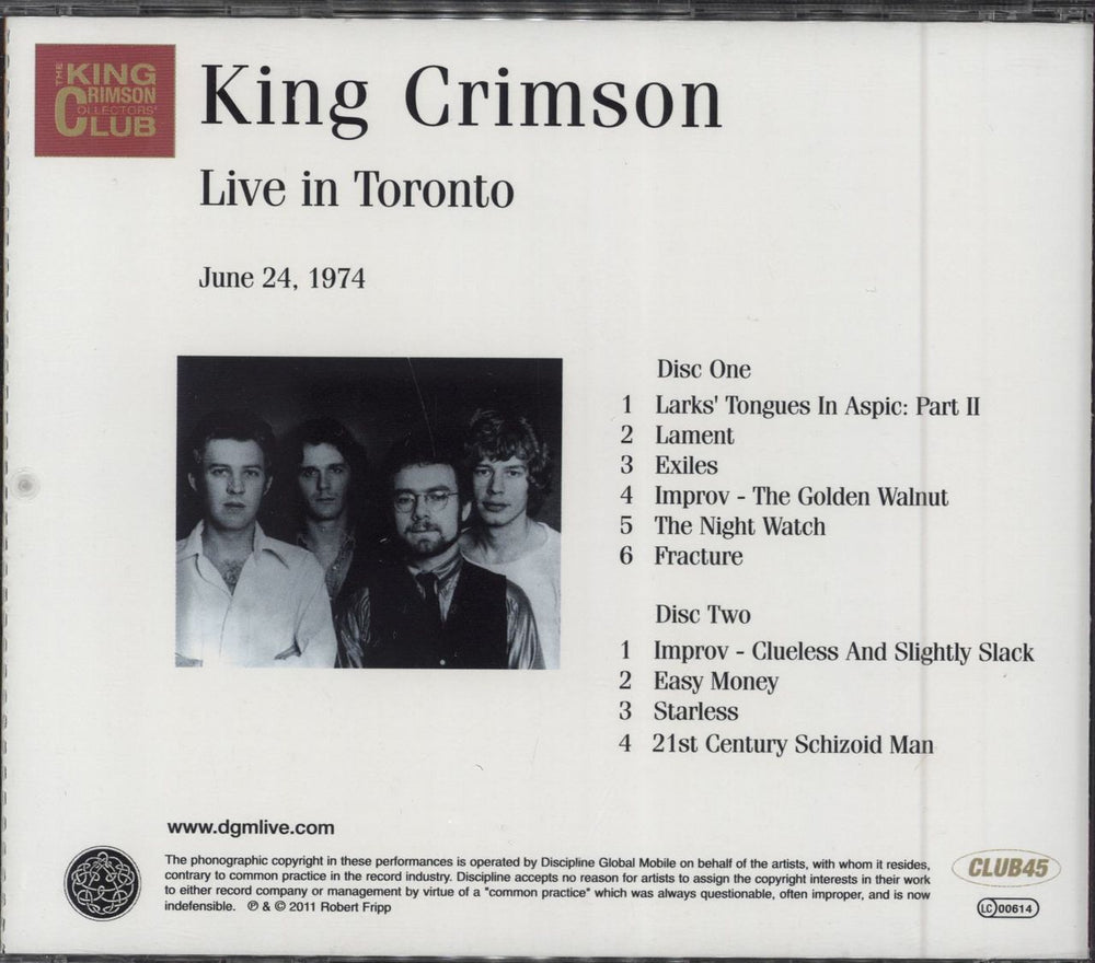 King Crimson Live In Toronto (June 24, 1974) UK 2 CD album set (Double CD)