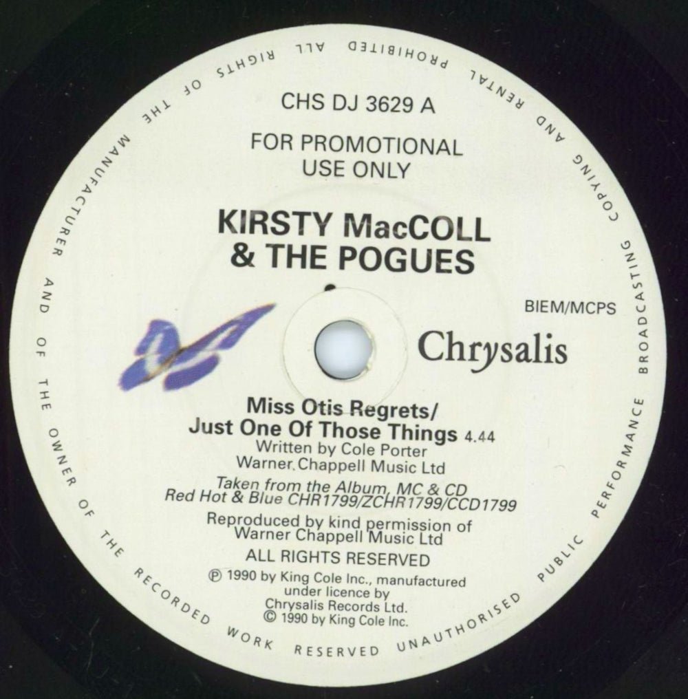 Kirsty MacColl Miss Otis Regrets UK Promo 7" vinyl single (7 inch record / 45) CHSDJ3629