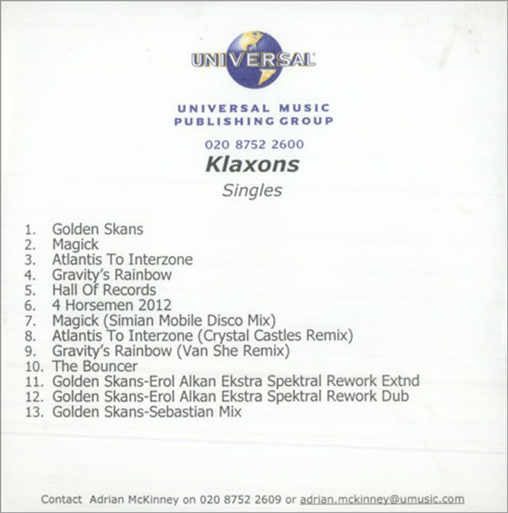 Klaxons Singles & Mixes UK Promo CD-R acetate CDR-ACETATE