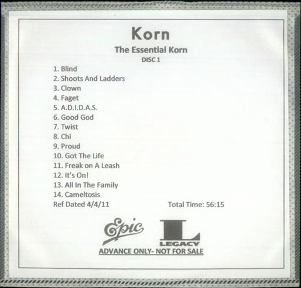 Korn The Essential Korn US Promo CD-R acetate CD-R ACETATE