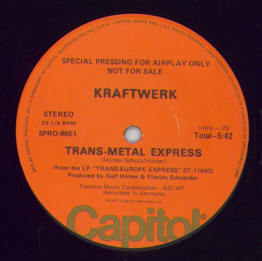 Kraftwerk Trans-metal Express US Promo 12" vinyl single (12 inch record / Maxi-single) SPRO-8651