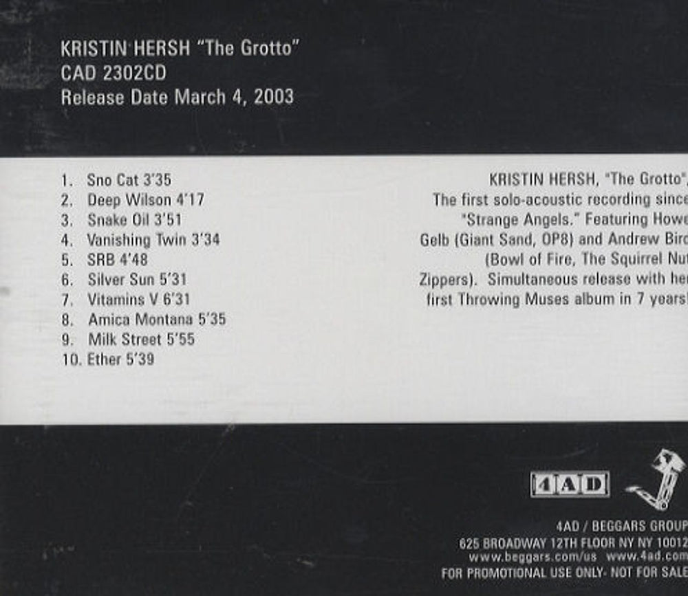 Kristin Hersh The Grotto US Promo CD album (CDLP) CAD2302CD