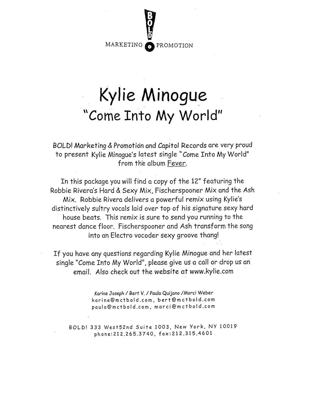 Kylie Minogue Come Into My World US 12" vinyl single (12 inch record / Maxi-single) KYL12CO230049