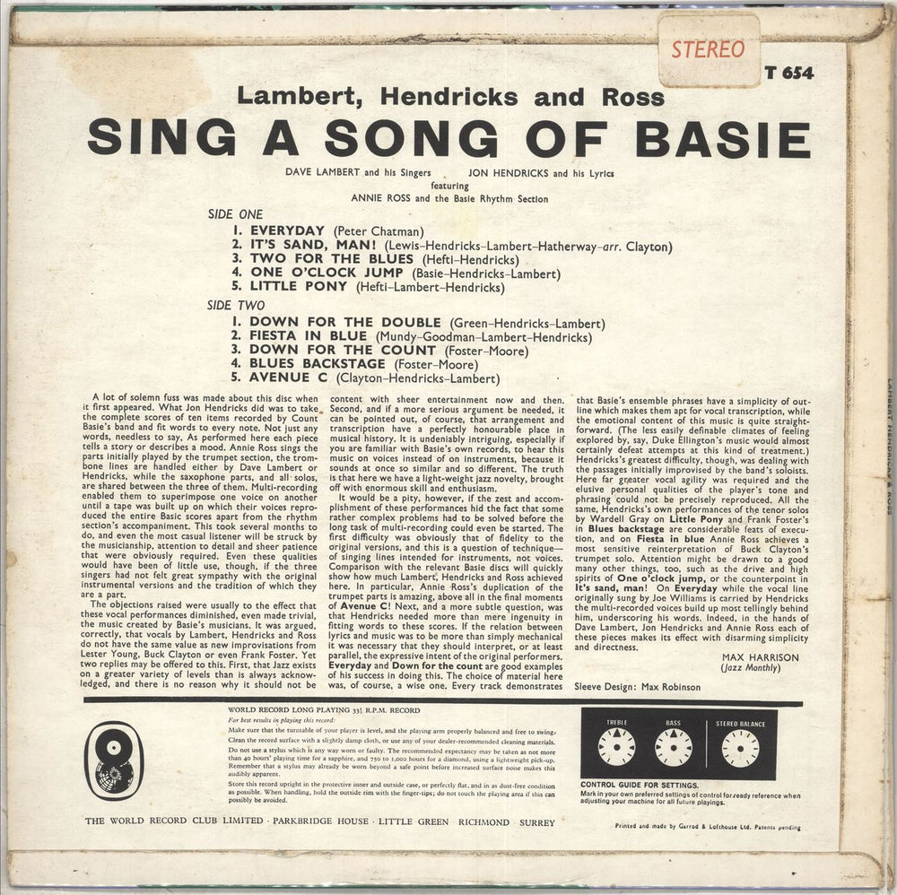 Lambert, Hendricks & Ross Sing A Song Of Basie UK vinyl LP album (LP record)