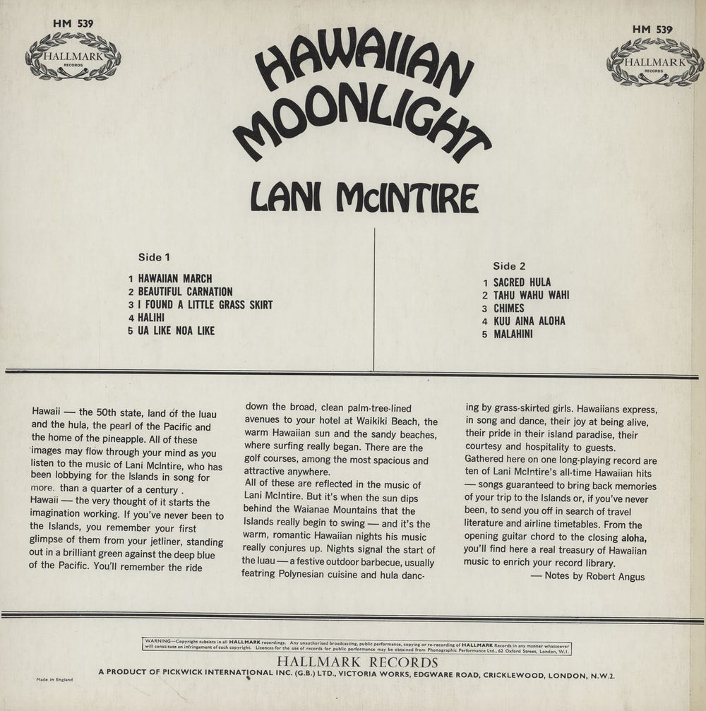 Lani McIntire Hawaiian Moonlight UK vinyl LP album (LP record)